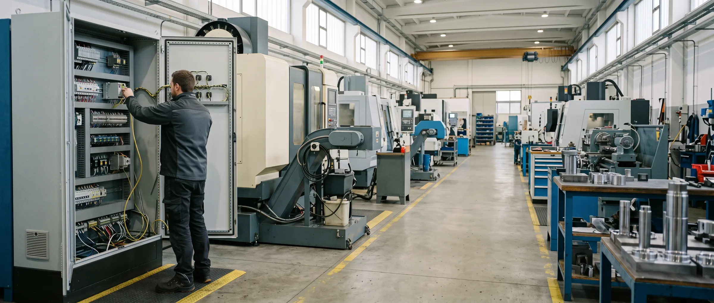 A CNC job shop on a weekday morning, a technician connecting a network cable in a machine's electrical cabinet