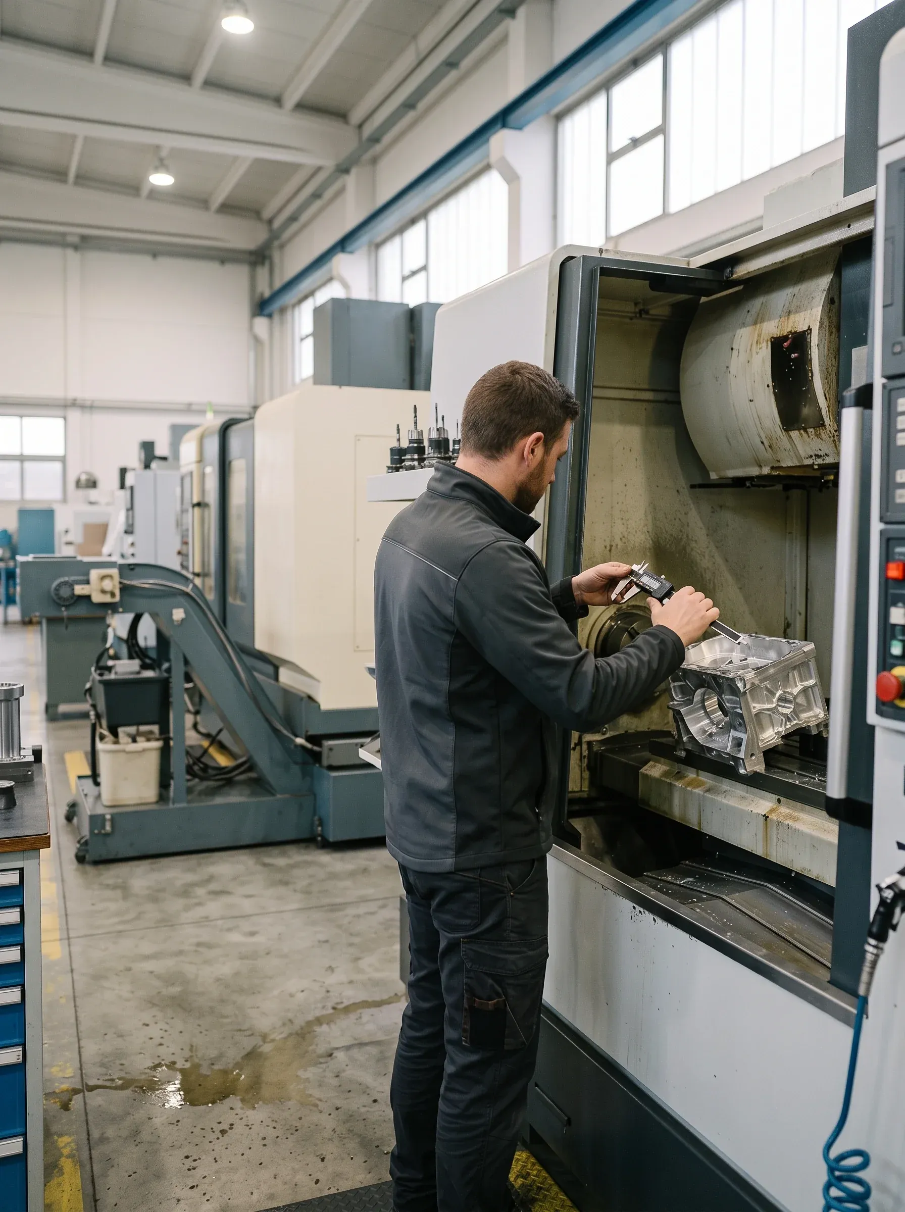 A machinist measuring a finished part with a caliper at a CNC machining centre