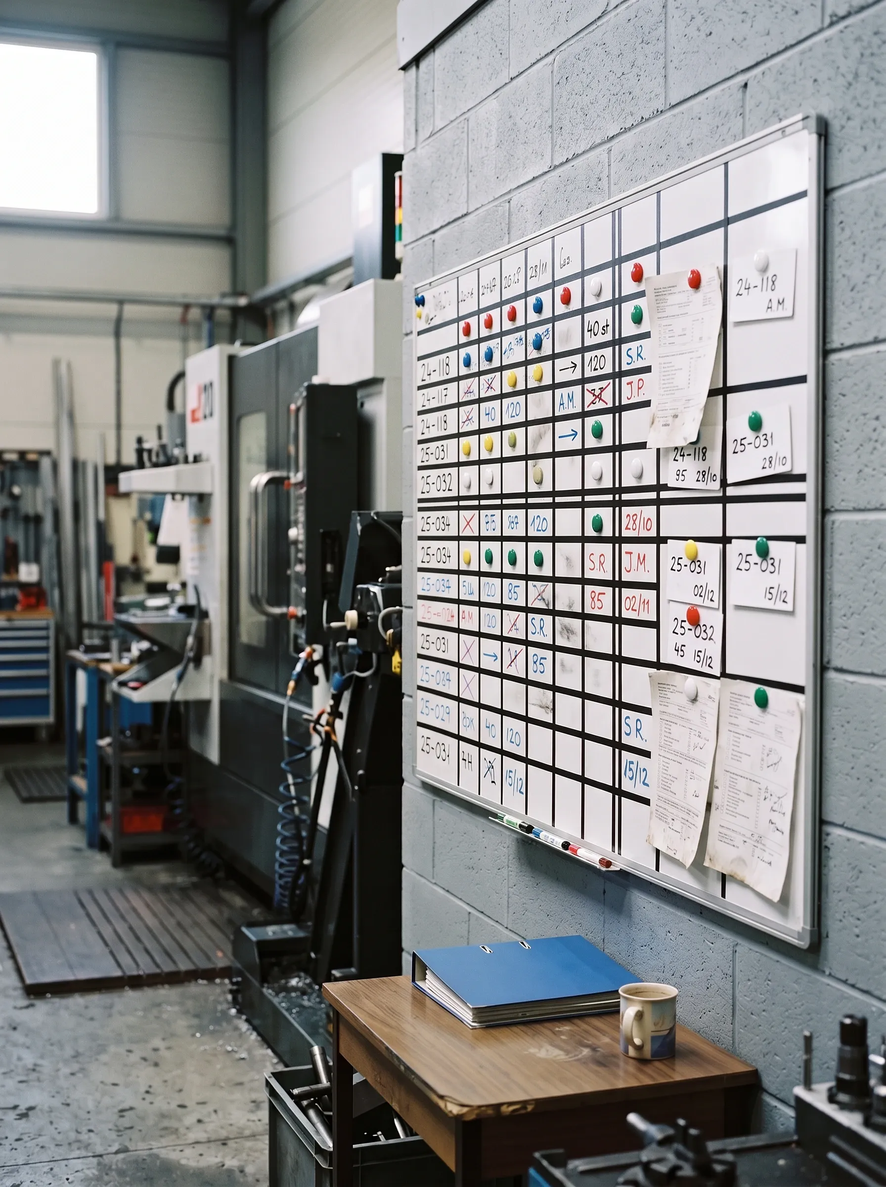 A planning board on the wall of a machine hall, full of handwritten order numbers, quantities and dates, with job sheets held by magnets, a small desk below it and a machining centre beside it