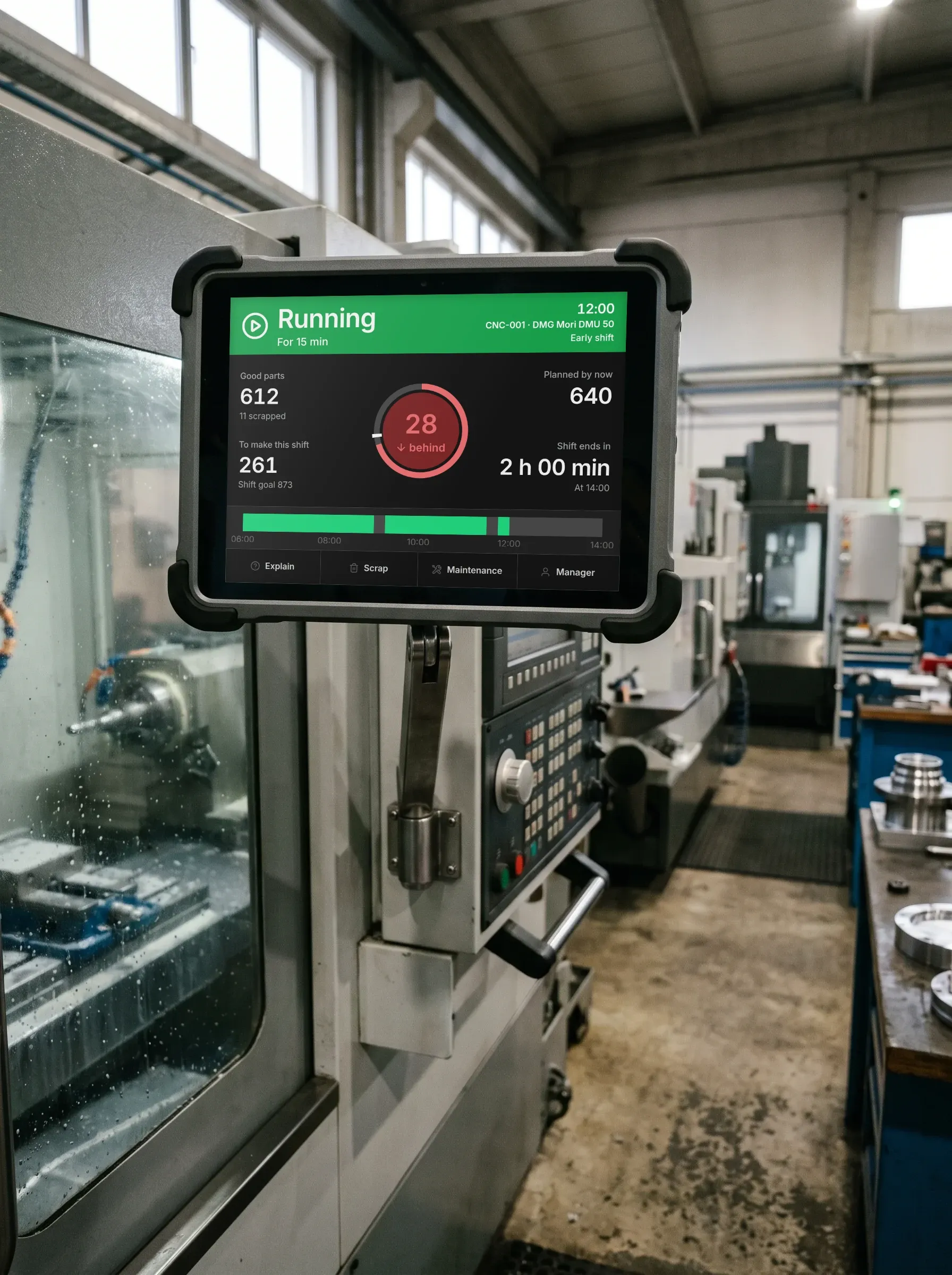 A tablet beside a CNC machine's control, showing how the machine and its shift are doing